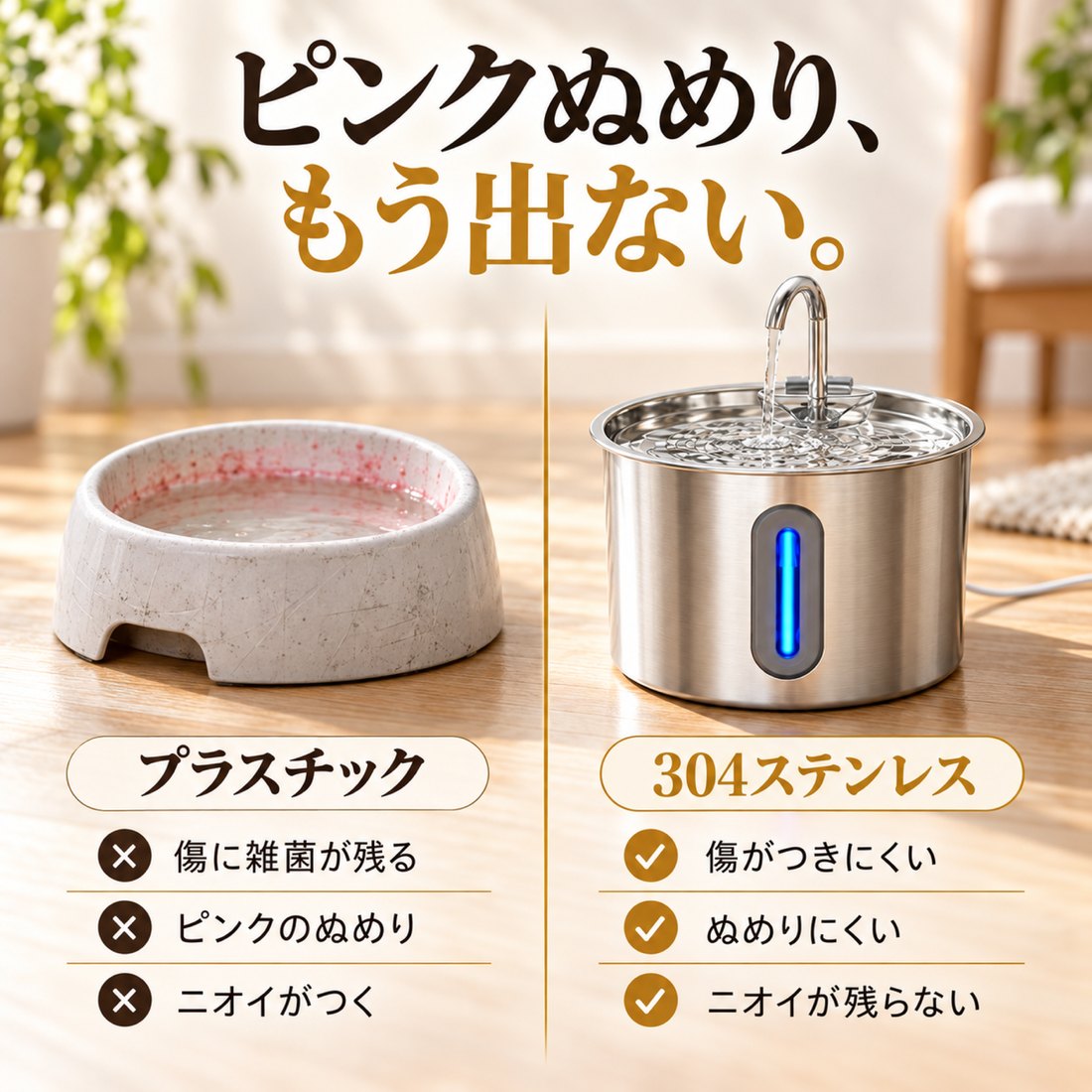 ピンクぬめり、もう出ない。プラスチックと304ステンレスの比較