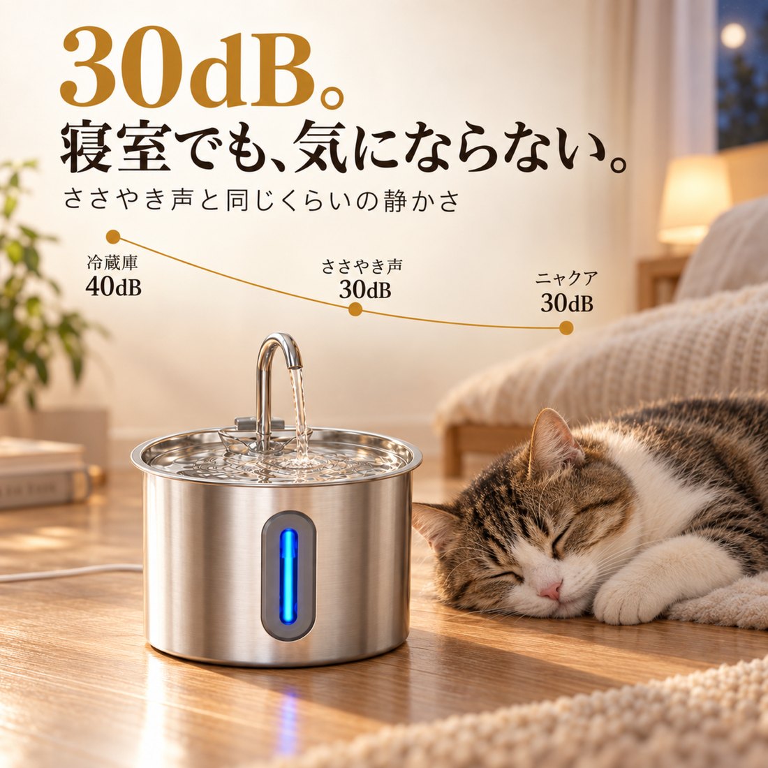 30dB。寝室でも気にならない静かさ