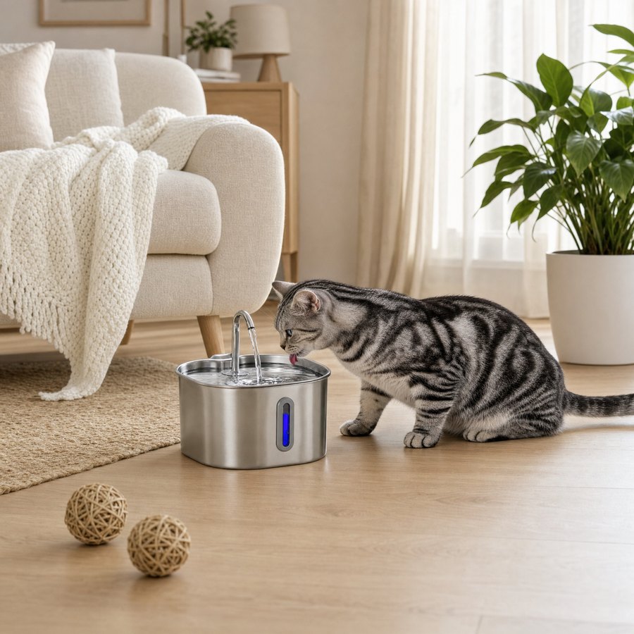リビングの床に置いた給水器へ、猫がゆっくり近づいてくるところ