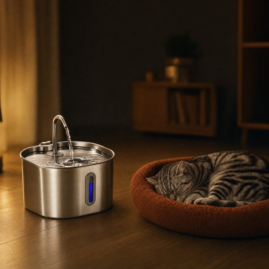 夕方の部屋で、丸くなって眠る猫のそばに置かれたニャクアの給水器
