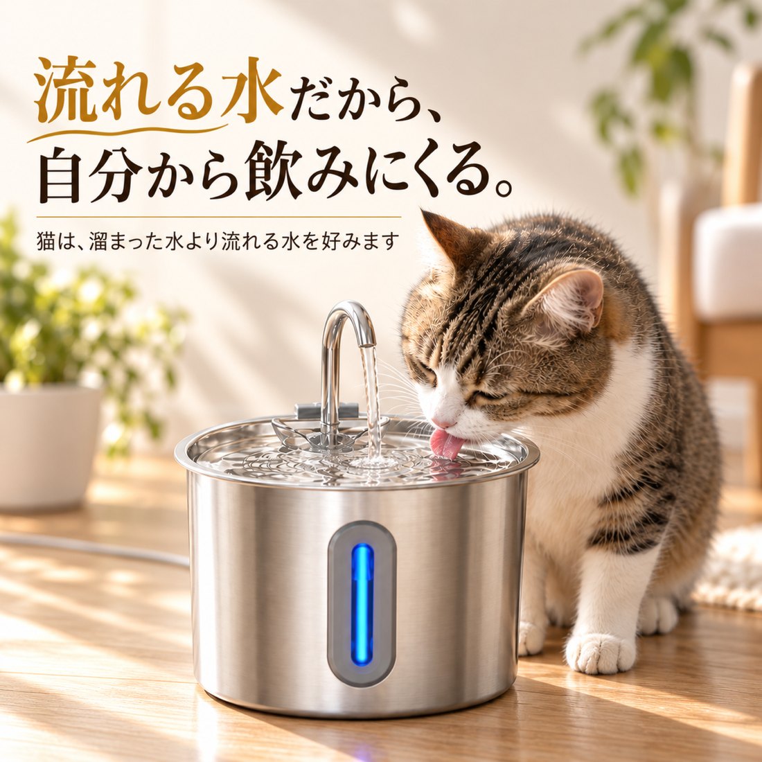 流れる水だから、自分から飲みにくる