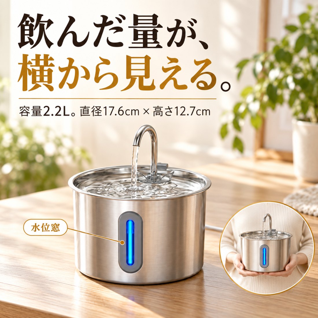 飲んだ量が横から見える水位窓。容量2.2L