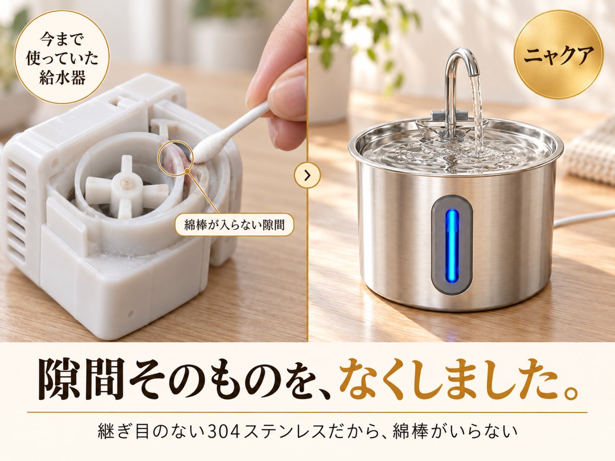 今まで使っていた給水器の、綿棒が入らない隙間。ニャクアは隙間そのものが無い